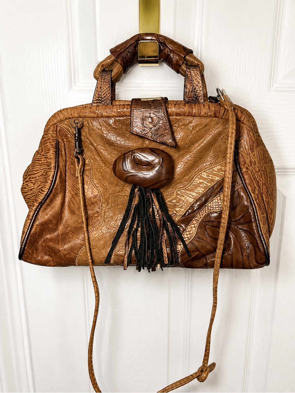 Vintage Brown Patchwork Leather Satchel Bag Tassel Crossbody